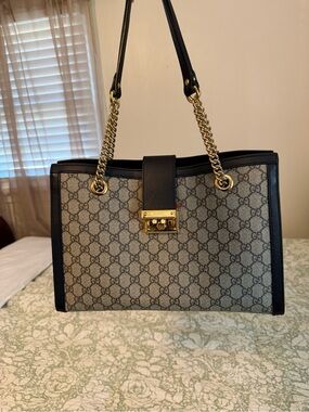 Gucci Black Trim GG Canvas Tote with Gold Hardware